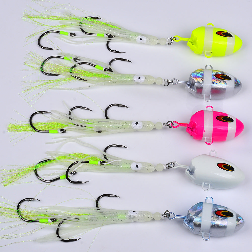 KATYUSHA Lead Kabura Jig with Squid Skirt; Triple Assist Hooks 3D Big Eye Saltwater Big Game Fishing Bait 100g-300g