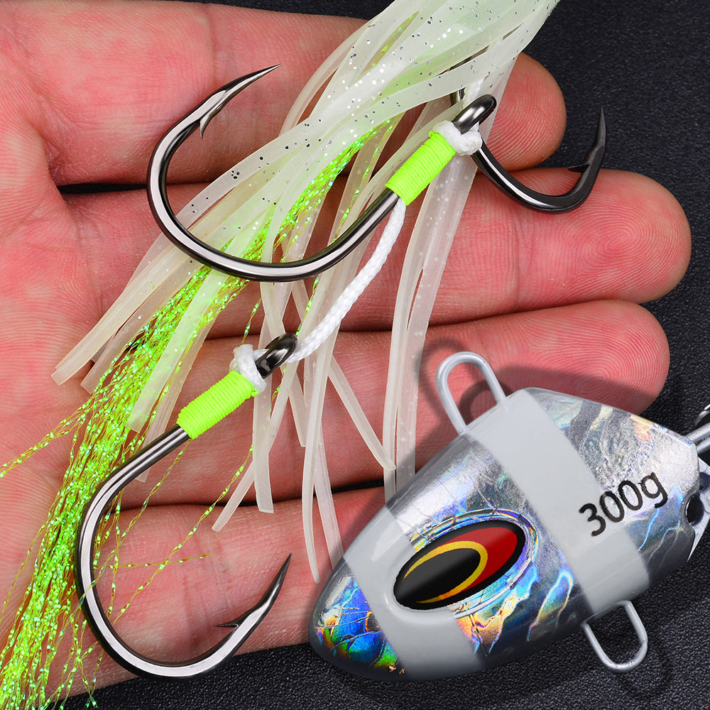 KATYUSHA Lead Kabura Jig with Squid Skirt; Triple Assist Hooks 3D Big Eye Saltwater Big Game Fishing Bait 100g-300g