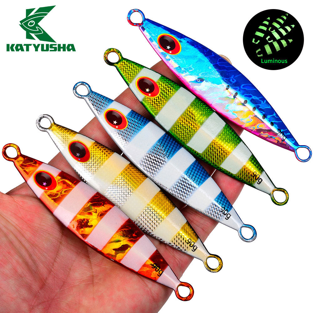 KATYUSHA Metal Jig Lure, 30g-90g, Multi-Color Holographic Design Saltwater Vertical Jigging Bait with 3D Eye