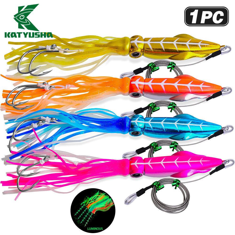 KATYUSHA Squid Lure, 115g-261g, with Wire Leader; Double Hooks Saltwater Deep-Sea Squid Jigging Bait