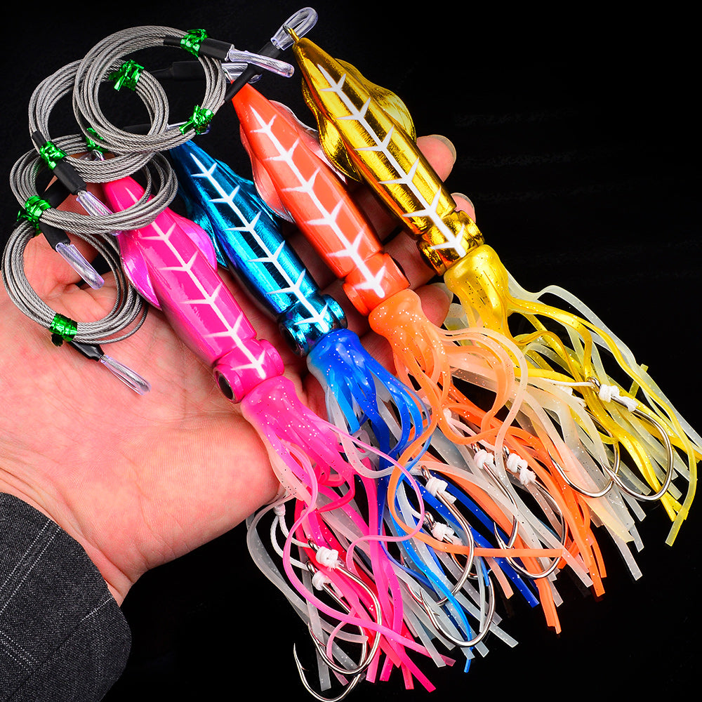 KATYUSHA Squid Lure, 115g-261g, with Wire Leader; Double Hooks Saltwater Deep-Sea Squid Jigging Bait