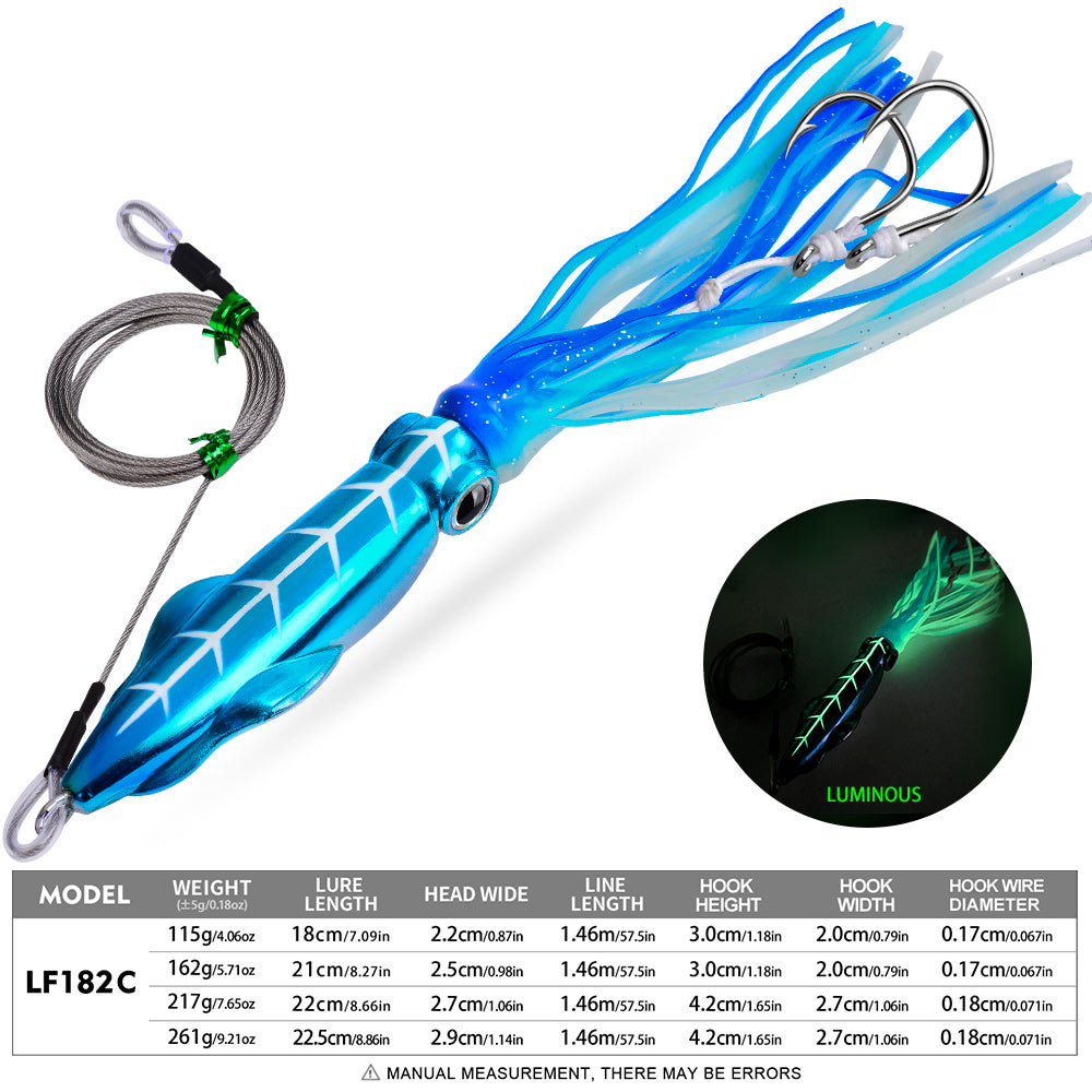 KATYUSHA Squid Lure, 115g-261g, with Wire Leader; Double Hooks Saltwater Deep-Sea Squid Jigging Bait