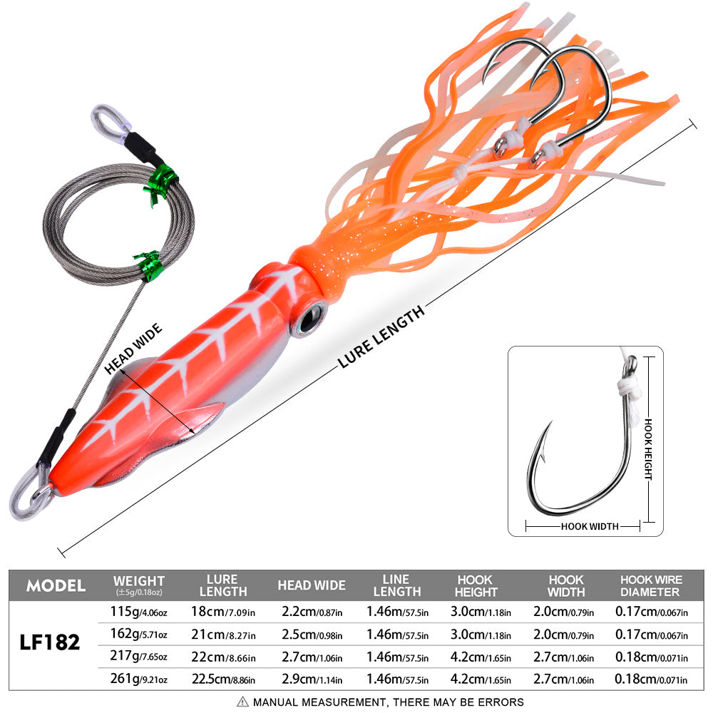 KATYUSHA Squid Lure, 115g-261g, with Wire Leader; Double Hooks Saltwater Deep-Sea Squid Jigging Bait