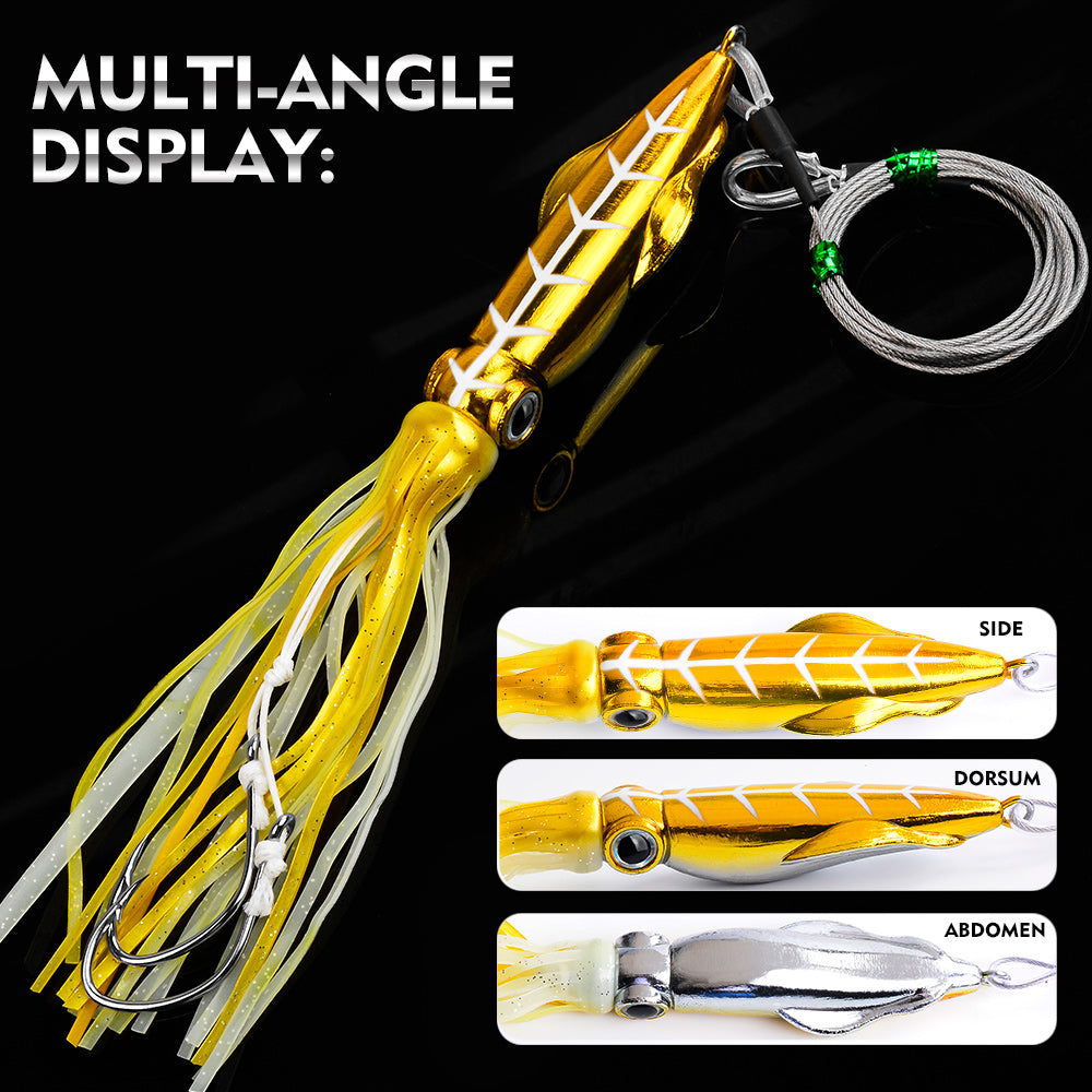 KATYUSHA Squid Lure, 115g-261g, with Wire Leader; Double Hooks Saltwater Deep-Sea Squid Jigging Bait
