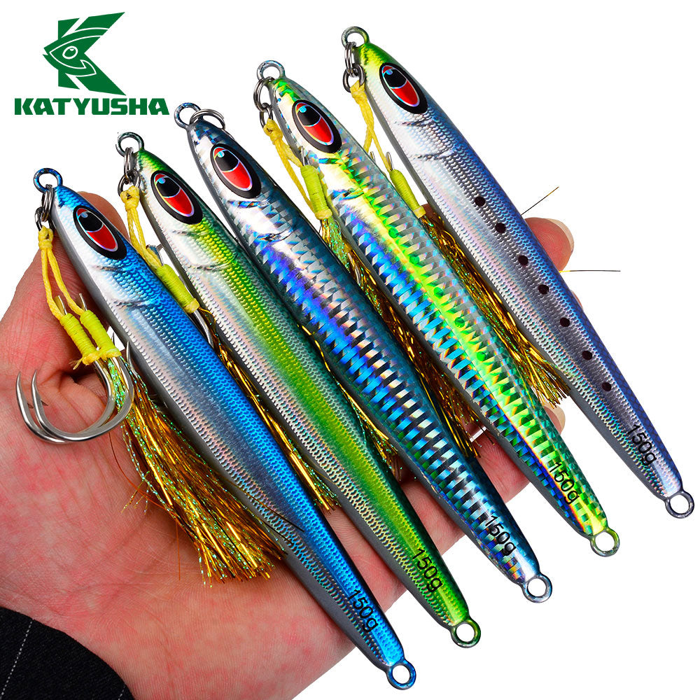 KATYUSHA Metal Jig Lure, 30g-150g, Realistic Fish Scale Design Saltwater Fast Sinking Vertical Jigging Bait(with Feather Assist Hook)