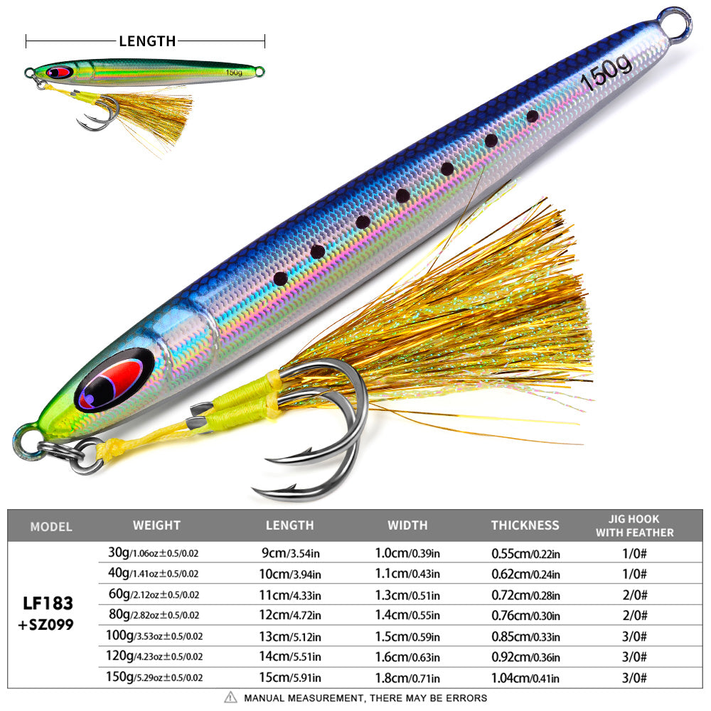KATYUSHA Metal Jig Lure, 30g-150g, Realistic Fish Scale Design Saltwater Fast Sinking Vertical Jigging Bait(with Feather Assist Hook)