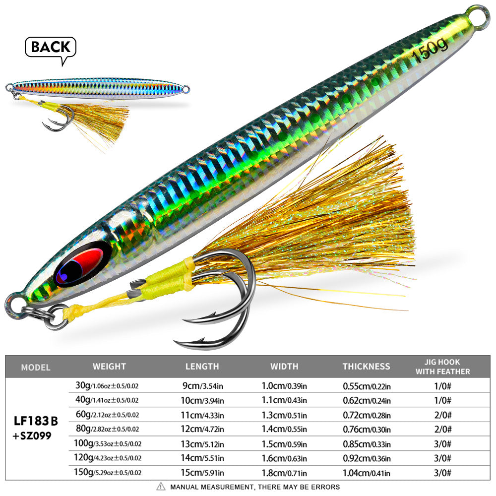 KATYUSHA Metal Jig Lure, 30g-150g, Realistic Fish Scale Design Saltwater Fast Sinking Vertical Jigging Bait(with Feather Assist Hook)