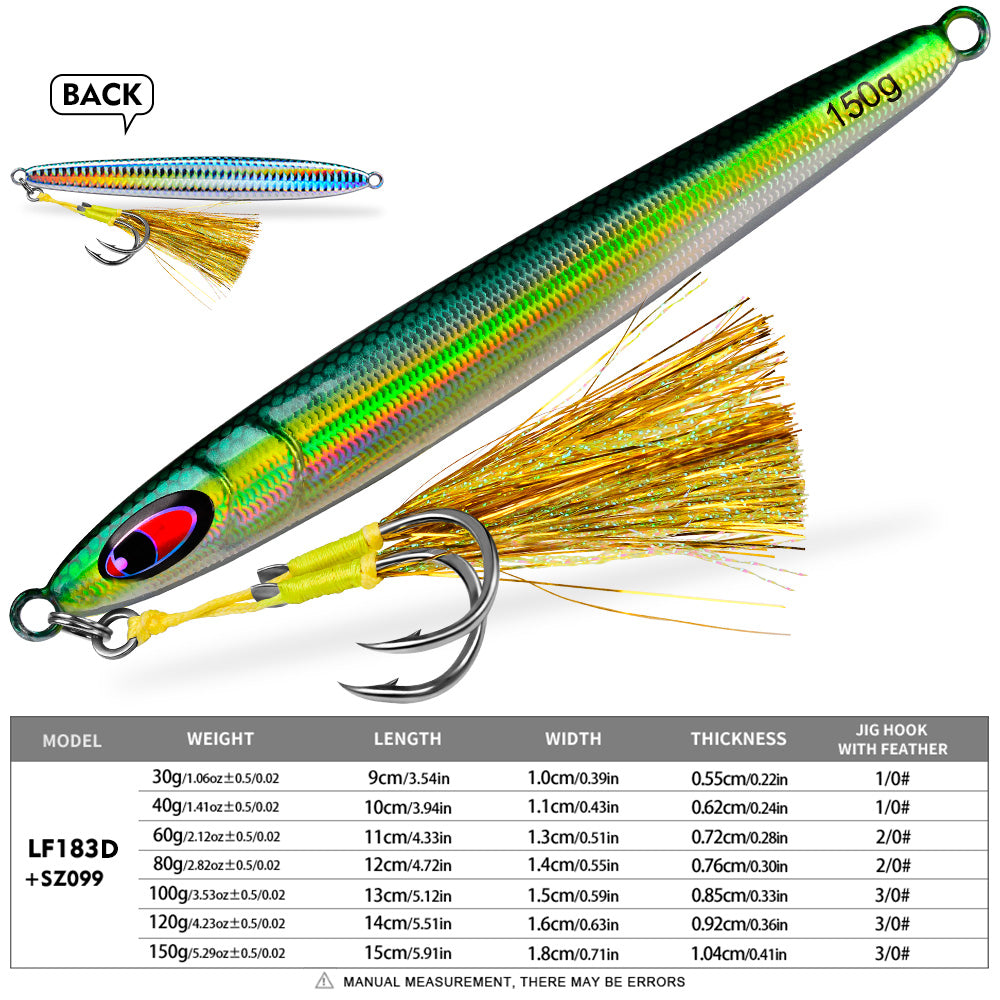 KATYUSHA Metal Jig Lure, 30g-150g, Realistic Fish Scale Design Saltwater Fast Sinking Vertical Jigging Bait(with Feather Assist Hook)