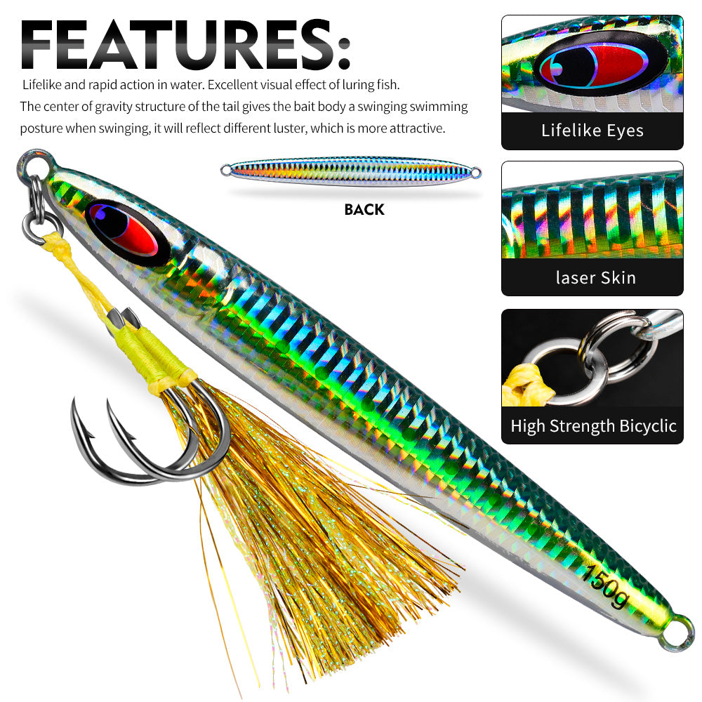 KATYUSHA Metal Jig Lure, 30g-150g, Realistic Fish Scale Design Saltwater Fast Sinking Vertical Jigging Bait(with Feather Assist Hook)