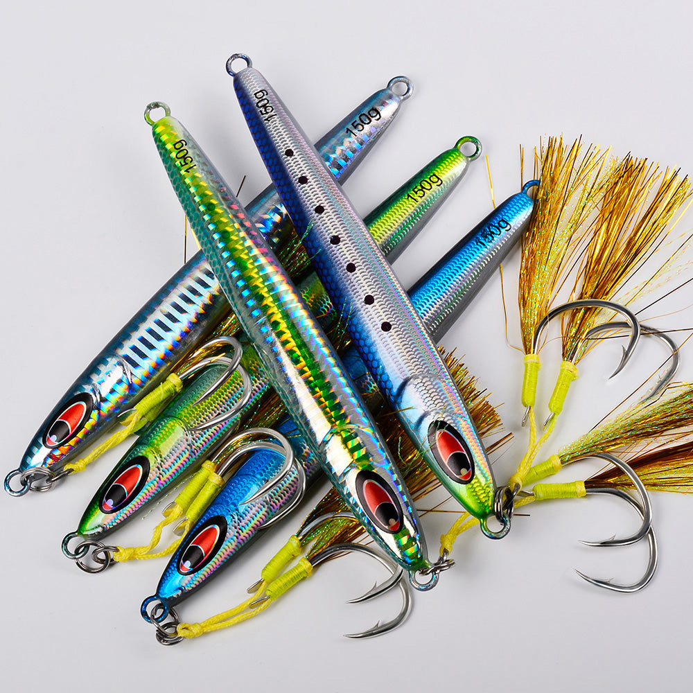 KATYUSHA Metal Jig Lure, 30g-150g, Realistic Fish Scale Design Saltwater Fast Sinking Vertical Jigging Bait(with Feather Assist Hook)