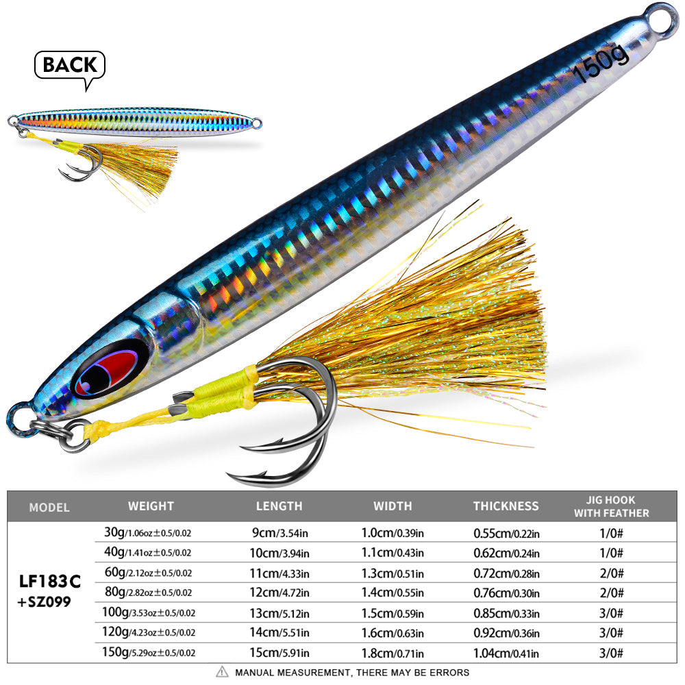 KATYUSHA Metal Jig Lure, 30g-150g, Realistic Fish Scale Design Saltwater Fast Sinking Vertical Jigging Bait(with Feather Assist Hook)