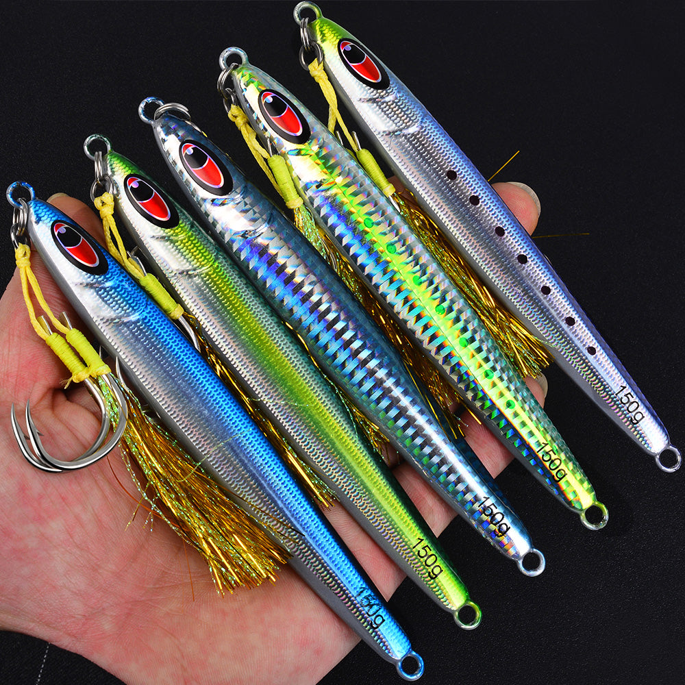 KATYUSHA Metal Jig Lure, 30g-150g, Realistic Fish Scale Design Saltwater Fast Sinking Vertical Jigging Bait(with Feather Assist Hook)