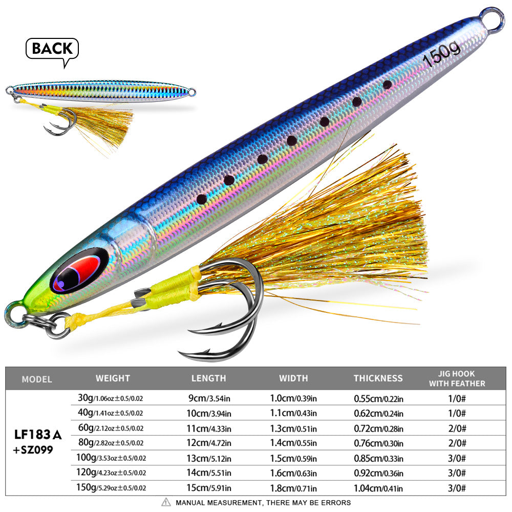 KATYUSHA Metal Jig Lure, 30g-150g, Realistic Fish Scale Design Saltwater Fast Sinking Vertical Jigging Bait(with Feather Assist Hook)