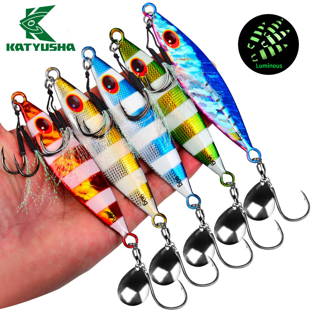 KATYUSHA Metal Jig Lure, 30g-90g, with Spoon Blade & Dual Hooks Saltwater Vertical Jigging Bait, Holographic Striped Design