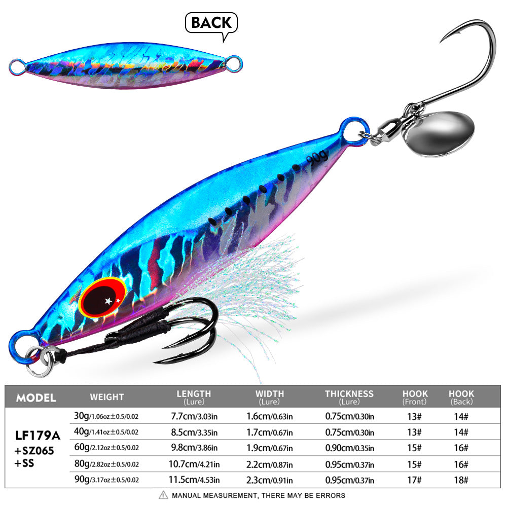 KATYUSHA Metal Jig Lure, 30g-90g, with Spoon Blade & Dual Hooks Saltwater Vertical Jigging Bait, Holographic Striped Design