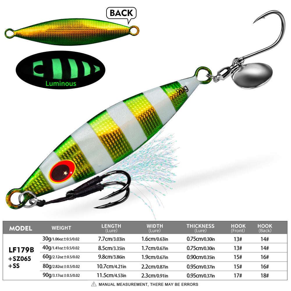 KATYUSHA Metal Jig Lure, 30g-90g, with Spoon Blade & Dual Hooks Saltwater Vertical Jigging Bait, Holographic Striped Design