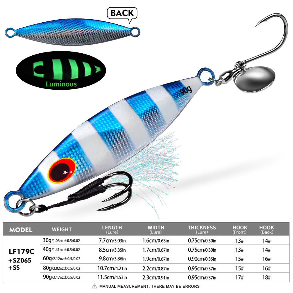 KATYUSHA Metal Jig Lure, 30g-90g, with Spoon Blade & Dual Hooks Saltwater Vertical Jigging Bait, Holographic Striped Design