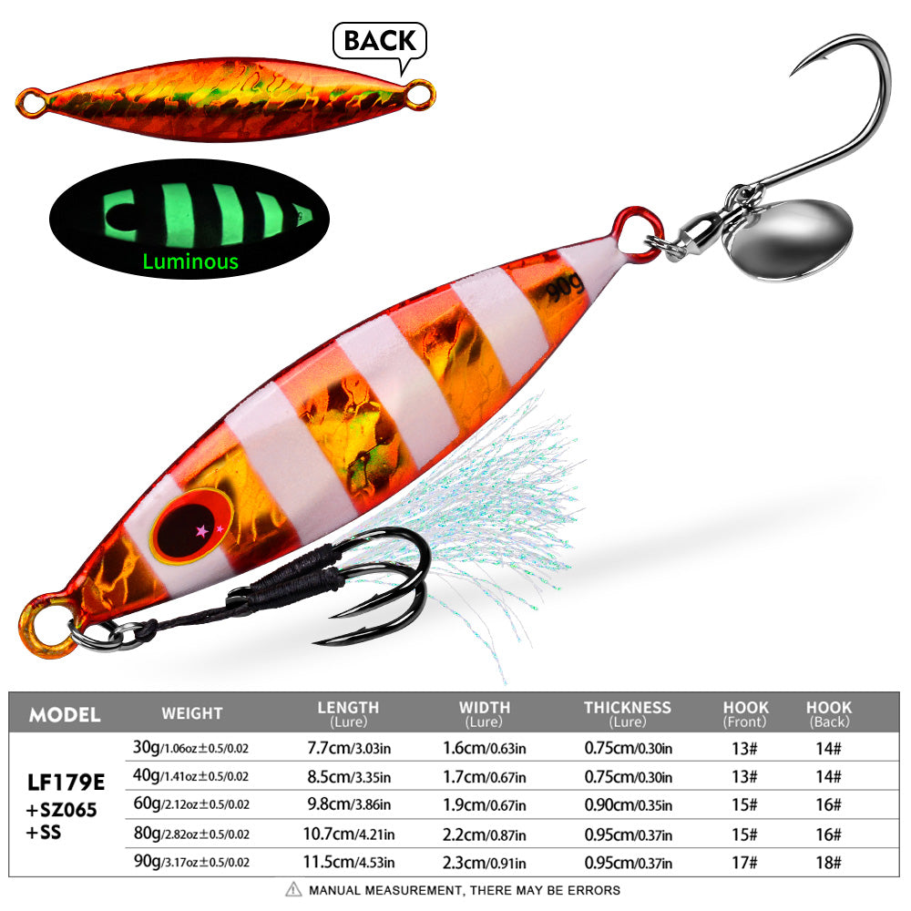 KATYUSHA Metal Jig Lure, 30g-90g, with Spoon Blade & Dual Hooks Saltwater Vertical Jigging Bait, Holographic Striped Design