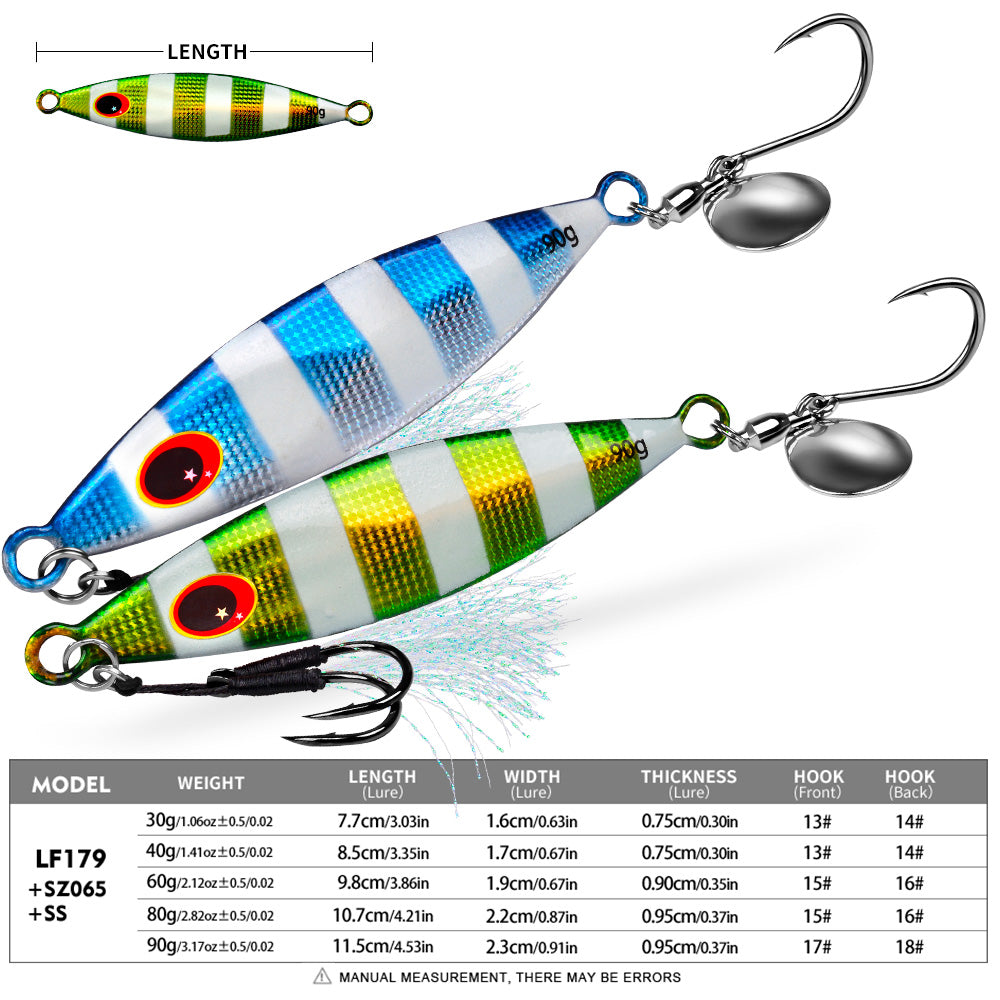 KATYUSHA Metal Jig Lure, 30g-90g, with Spoon Blade & Dual Hooks Saltwater Vertical Jigging Bait, Holographic Striped Design