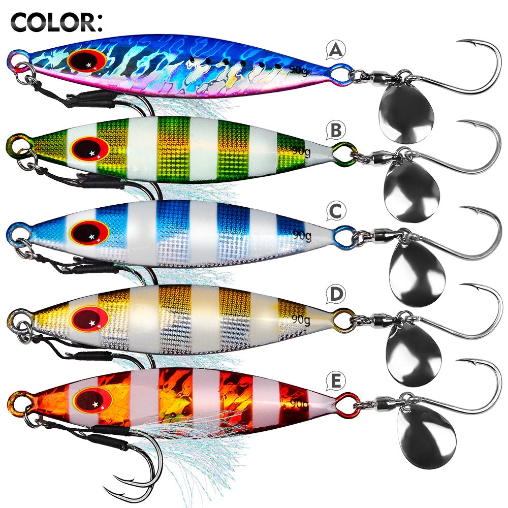 KATYUSHA Metal Jig Lure, 30g-90g, with Spoon Blade & Dual Hooks Saltwater Vertical Jigging Bait, Holographic Striped Design