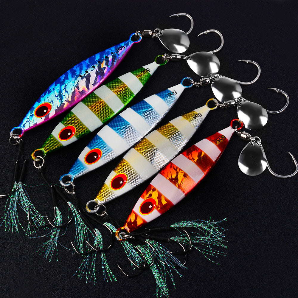KATYUSHA Metal Jig Lure, 30g-90g, with Spoon Blade & Dual Hooks Saltwater Vertical Jigging Bait, Holographic Striped Design