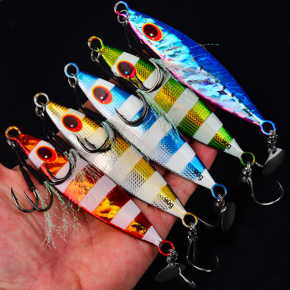 KATYUSHA Metal Jig Lure, 30g-90g, with Spoon Blade & Dual Hooks Saltwater Vertical Jigging Bait, Holographic Striped Design