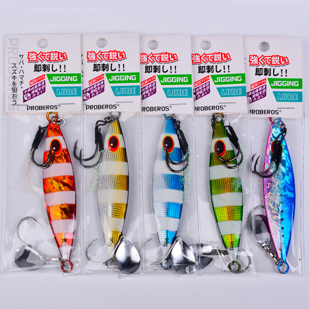 KATYUSHA Metal Jig Lure, 30g-90g, with Spoon Blade & Dual Hooks Saltwater Vertical Jigging Bait, Holographic Striped Design