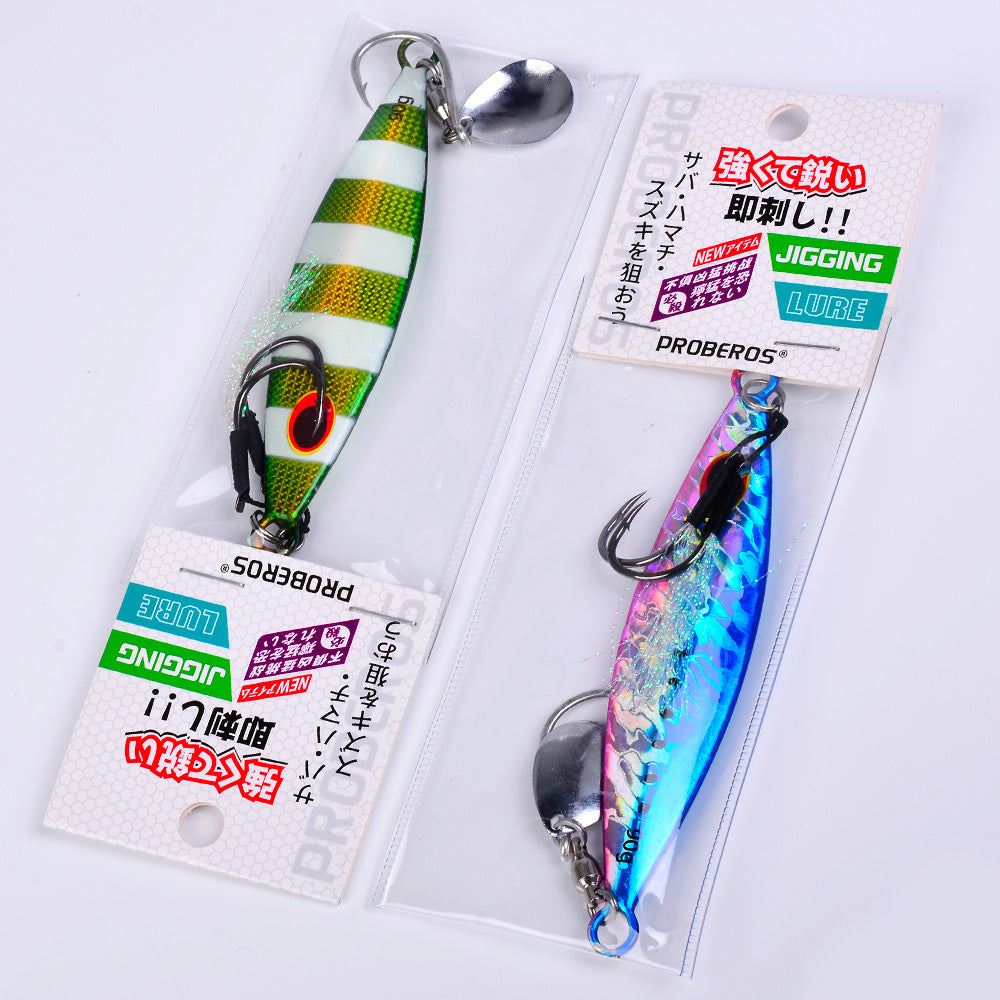 KATYUSHA Metal Jig Lure, 30g-90g, with Spoon Blade & Dual Hooks Saltwater Vertical Jigging Bait, Holographic Striped Design