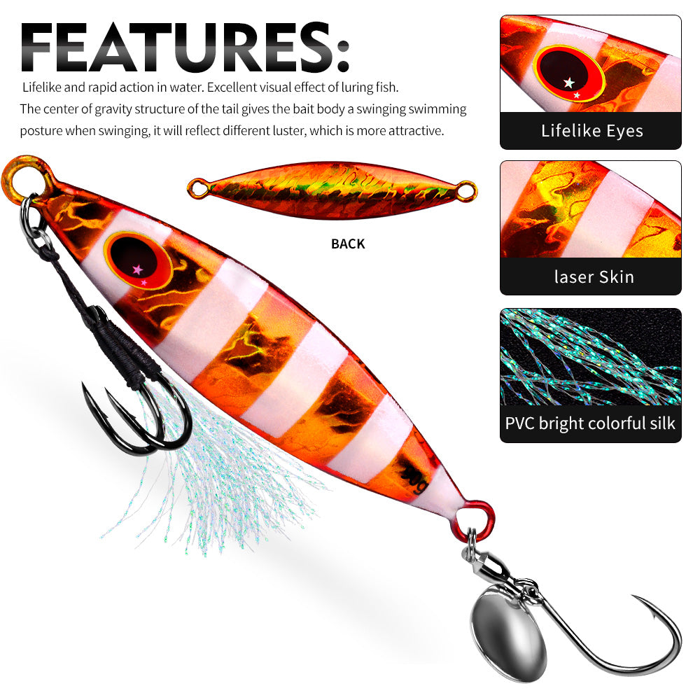 KATYUSHA Metal Jig Lure, 30g-90g, with Spoon Blade & Dual Hooks Saltwater Vertical Jigging Bait, Holographic Striped Design