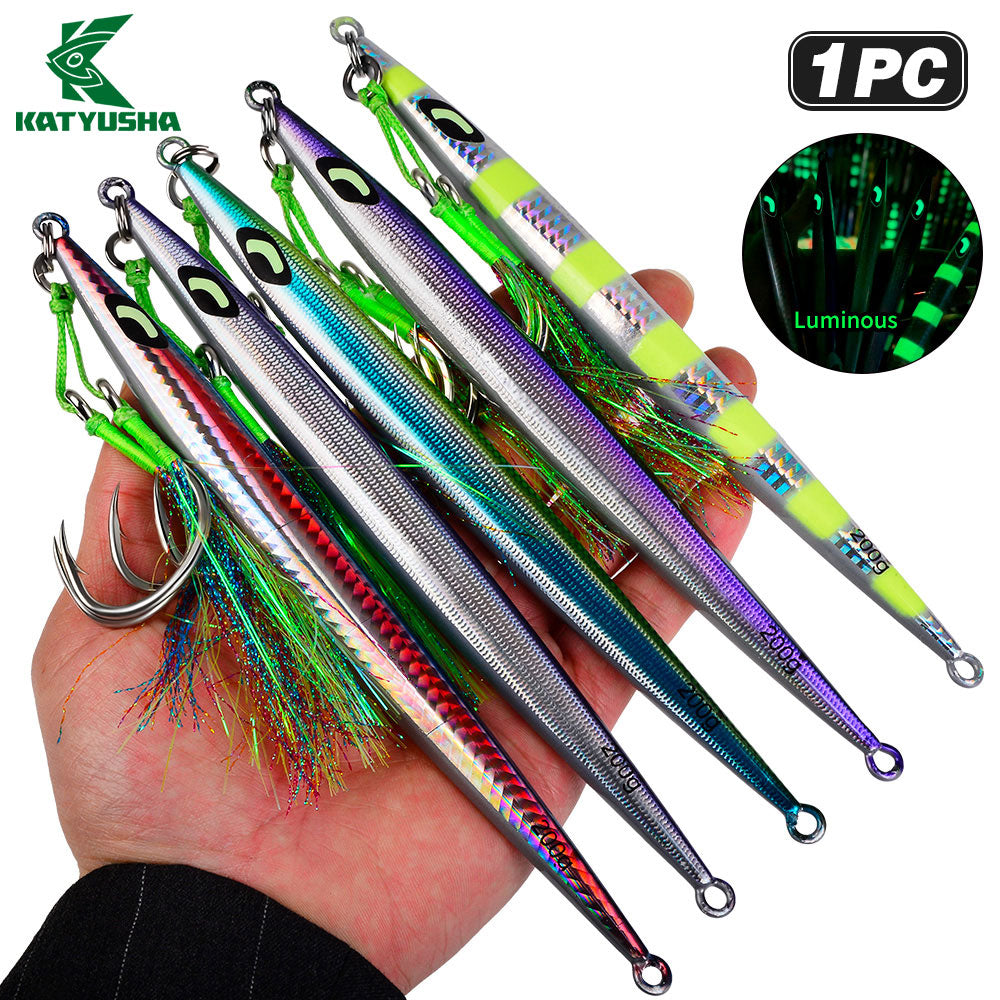 KATYUSHA Metal Jig Lure, 60g-200g, Long Slim Holographic Design Saltwater Deep-Sea Fast Sinking Vertical Jigging Bait（with Feather Assist Hook）