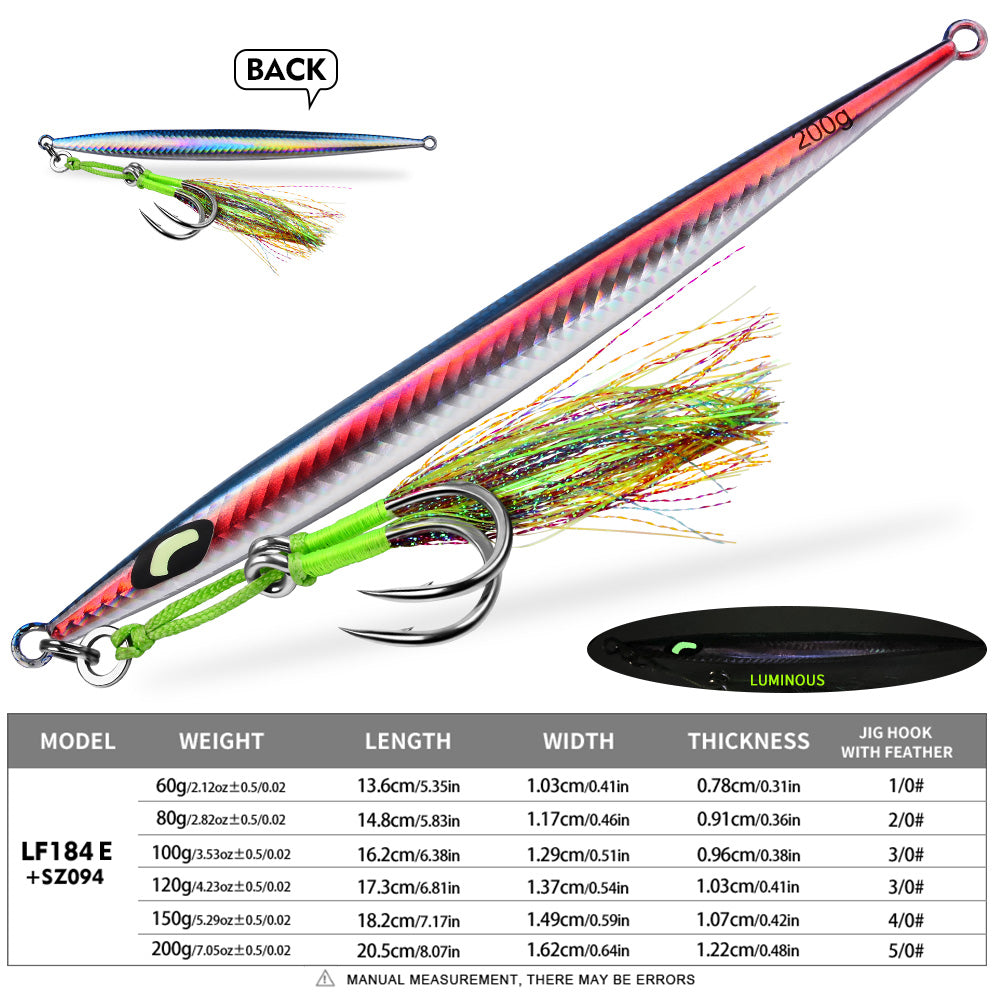 KATYUSHA Metal Jig Lure, 60g-200g, Long Slim Holographic Design Saltwater Deep-Sea Fast Sinking Vertical Jigging Bait（with Feather Assist Hook）