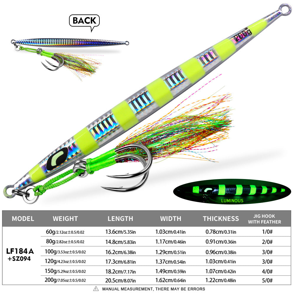 KATYUSHA Metal Jig Lure, 60g-200g, Long Slim Holographic Design Saltwater Deep-Sea Fast Sinking Vertical Jigging Bait（with Feather Assist Hook）