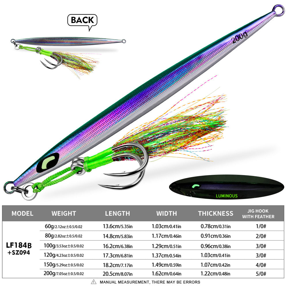 KATYUSHA Metal Jig Lure, 60g-200g, Long Slim Holographic Design Saltwater Deep-Sea Fast Sinking Vertical Jigging Bait（with Feather Assist Hook）