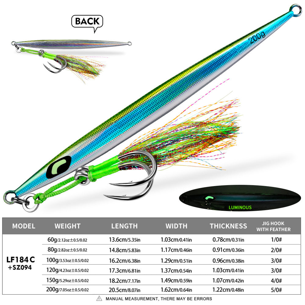 KATYUSHA Metal Jig Lure, 60g-200g, Long Slim Holographic Design Saltwater Deep-Sea Fast Sinking Vertical Jigging Bait（with Feather Assist Hook）