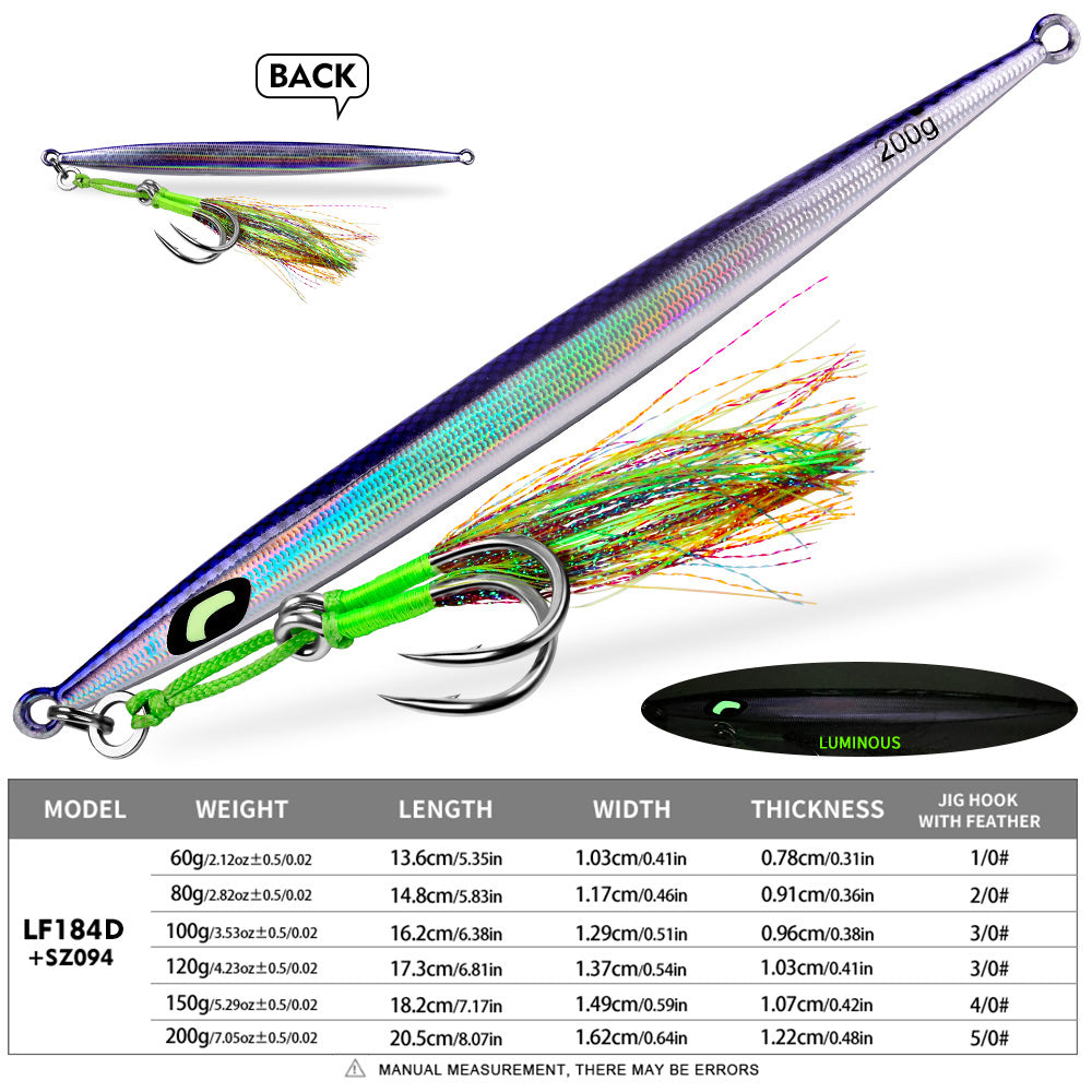 KATYUSHA Metal Jig Lure, 60g-200g, Long Slim Holographic Design Saltwater Deep-Sea Fast Sinking Vertical Jigging Bait（with Feather Assist Hook）