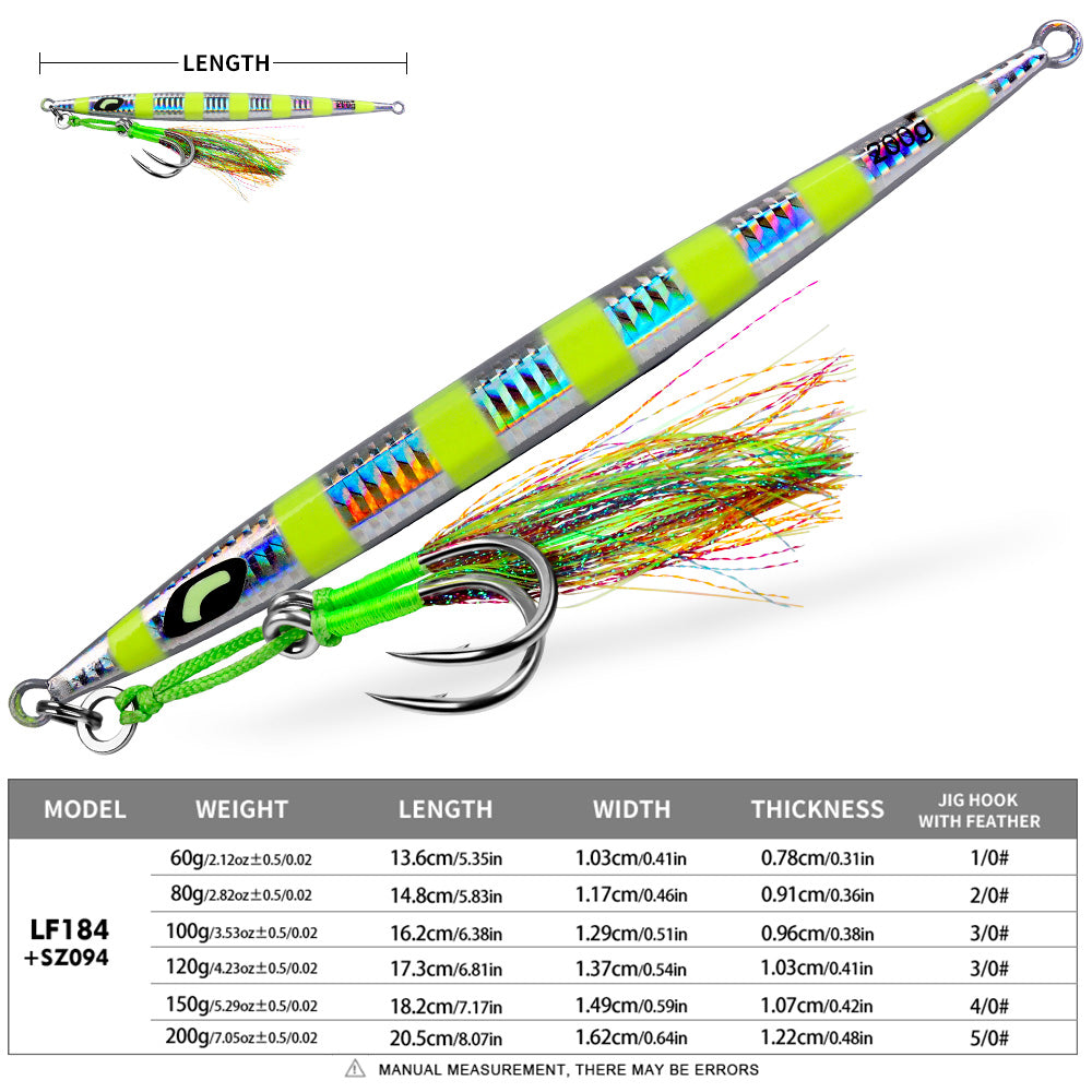 KATYUSHA Metal Jig Lure, 60g-200g, Long Slim Holographic Design Saltwater Deep-Sea Fast Sinking Vertical Jigging Bait（with Feather Assist Hook）