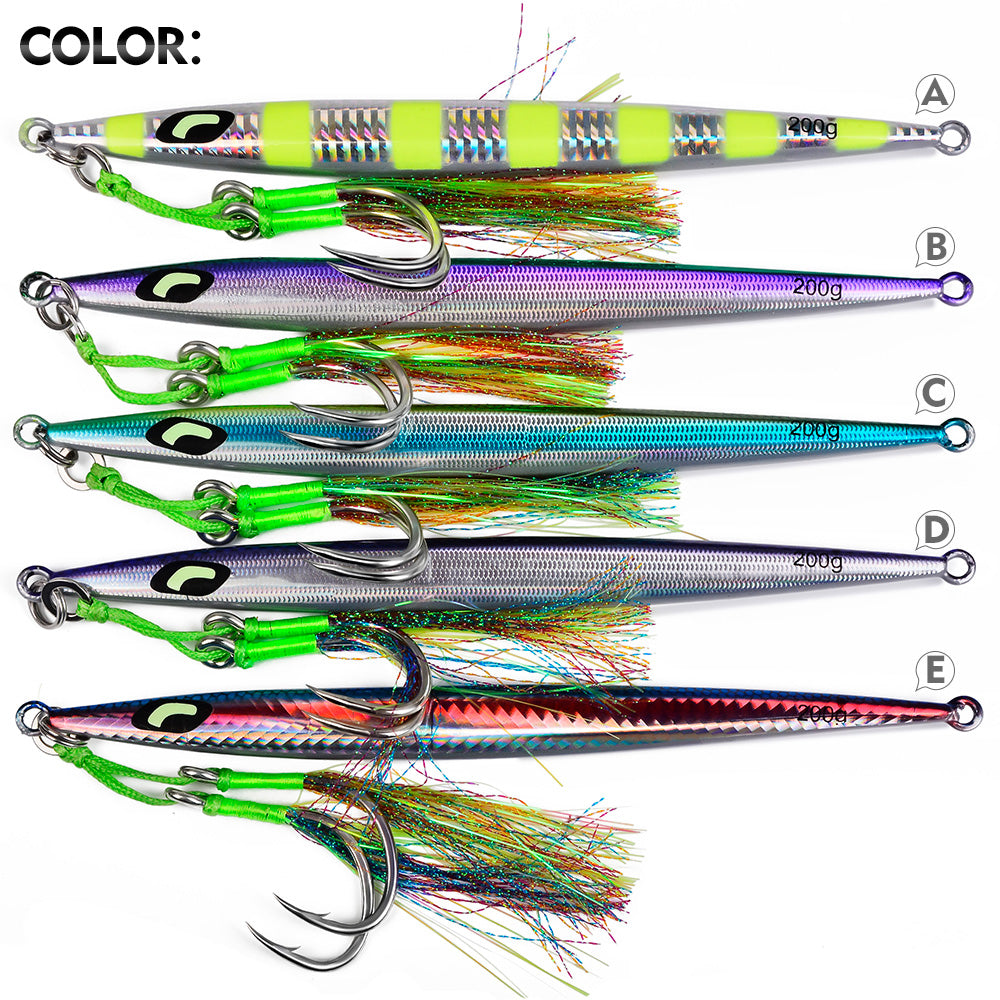 KATYUSHA Metal Jig Lure, 60g-200g, Long Slim Holographic Design Saltwater Deep-Sea Fast Sinking Vertical Jigging Bait（with Feather Assist Hook）