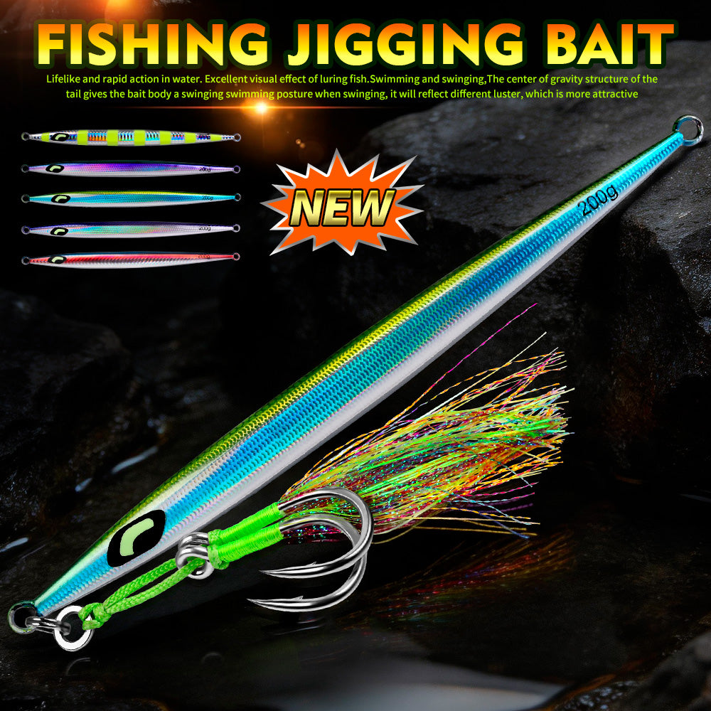 KATYUSHA Metal Jig Lure, 60g-200g, Long Slim Holographic Design Saltwater Deep-Sea Fast Sinking Vertical Jigging Bait（with Feather Assist Hook）