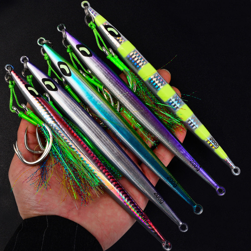 KATYUSHA Metal Jig Lure, 60g-200g, Long Slim Holographic Design Saltwater Deep-Sea Fast Sinking Vertical Jigging Bait（with Feather Assist Hook）