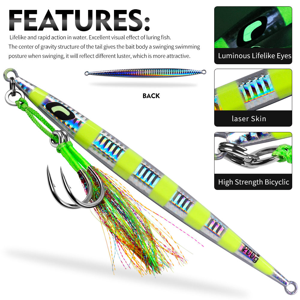 KATYUSHA Metal Jig Lure, 60g-200g, Long Slim Holographic Design Saltwater Deep-Sea Fast Sinking Vertical Jigging Bait（with Feather Assist Hook）