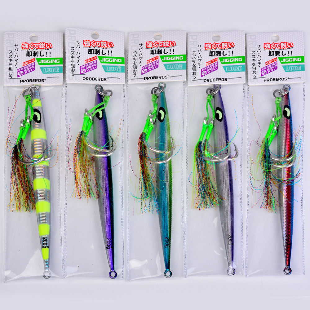 KATYUSHA Metal Jig Lure, 60g-200g, Long Slim Holographic Design Saltwater Deep-Sea Fast Sinking Vertical Jigging Bait（with Feather Assist Hook）