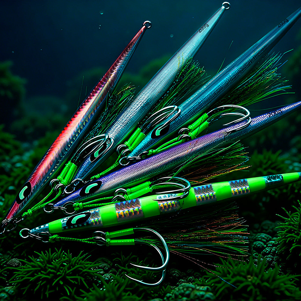 KATYUSHA Metal Jig Lure, 60g-200g, Long Slim Holographic Design Saltwater Deep-Sea Fast Sinking Vertical Jigging Bait（with Feather Assist Hook）