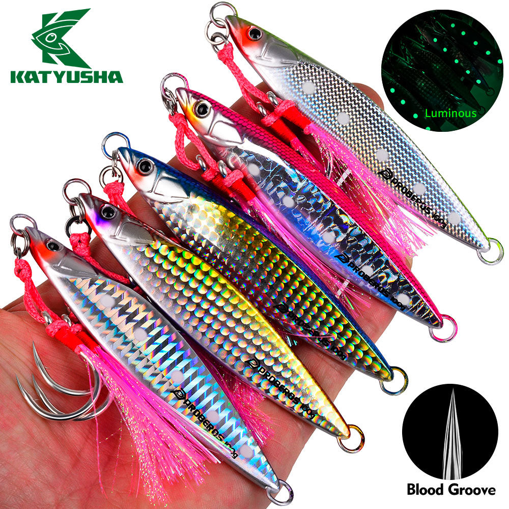 KATYUSHA Metal Jig Lure, 40g-100g, with Feather Assist Hook Saltwater Fast Sinking Vertical Jigging Bait