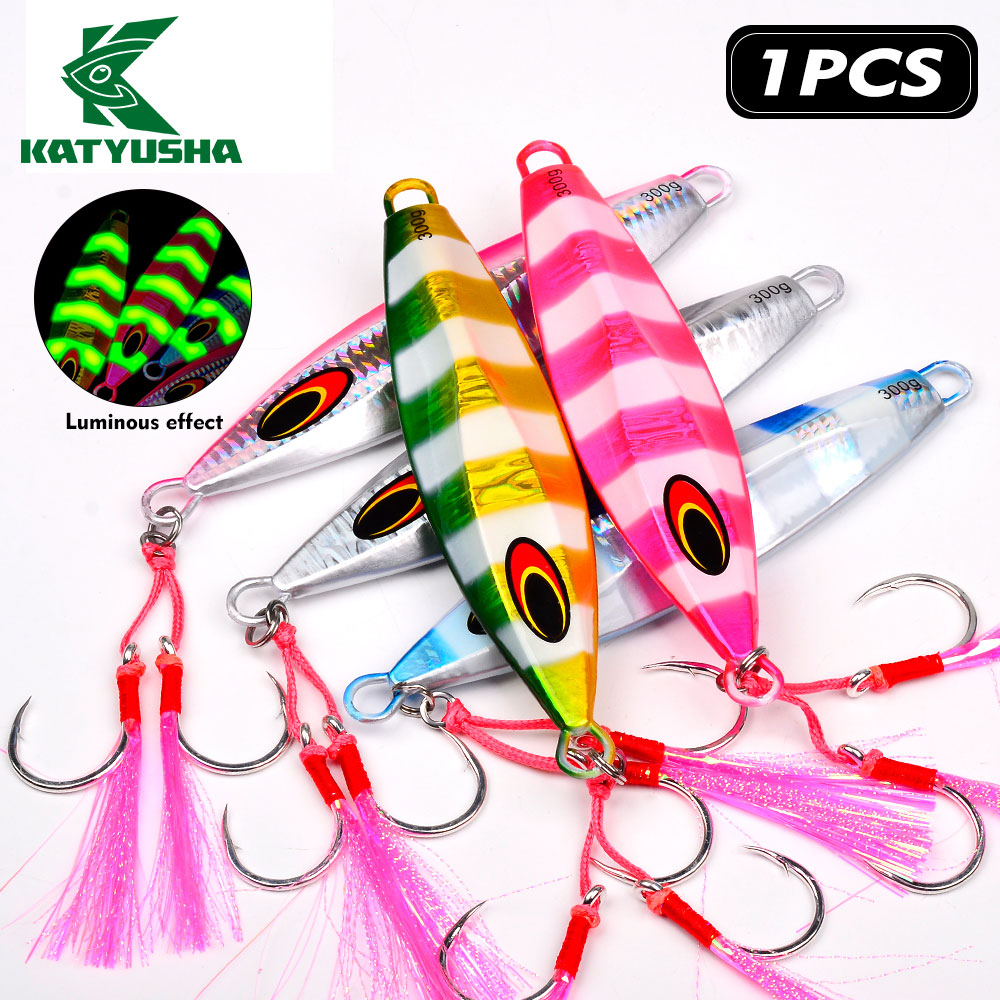 KATYUSHA Saltwater Luminous Striped Vertical Jigging Bait 100/ 150/ 200/ 250/ 300g Fast Sinking Jig for Offshore Fishing(with Assist Hook)