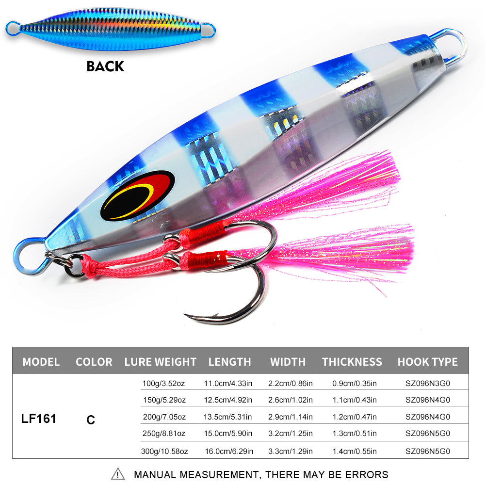 KATYUSHA Saltwater Luminous Striped Vertical Jigging Bait 100/ 150/ 200/ 250/ 300g Fast Sinking Jig for Offshore Fishing(with Assist Hook)