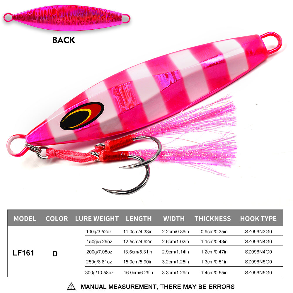 KATYUSHA Saltwater Luminous Striped Vertical Jigging Bait 100/ 150/ 200/ 250/ 300g Fast Sinking Jig for Offshore Fishing(with Assist Hook)