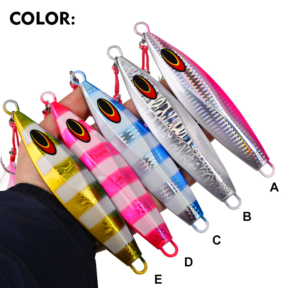 KATYUSHA Saltwater Luminous Striped Vertical Jigging Bait 100/ 150/ 200/ 250/ 300g Fast Sinking Jig for Offshore Fishing(with Assist Hook)