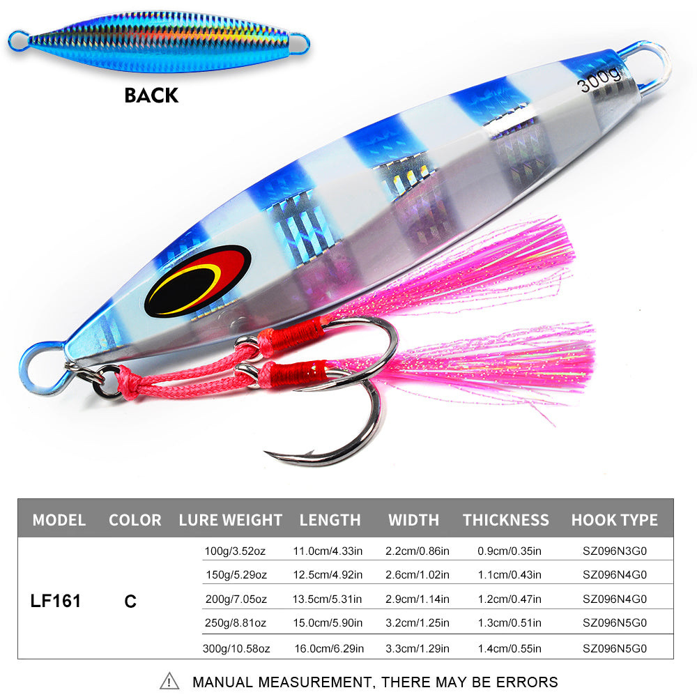 KATYUSHA Saltwater Luminous Striped Vertical Jigging Bait 100/ 150/ 200/ 250/ 300g Fast Sinking Jig for Offshore Fishing(with Assist Hook)