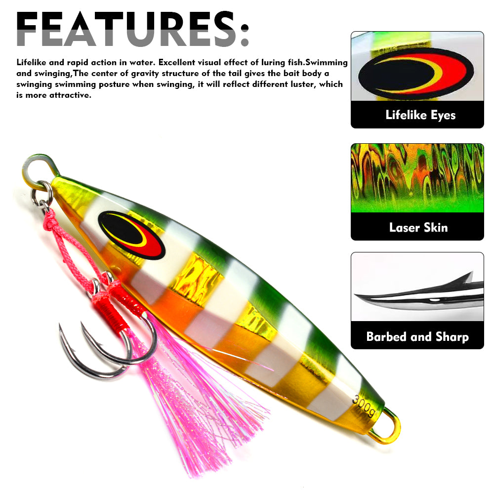 KATYUSHA Saltwater Luminous Striped Vertical Jigging Bait 100/ 150/ 200/ 250/ 300g Fast Sinking Jig for Offshore Fishing(with Assist Hook)