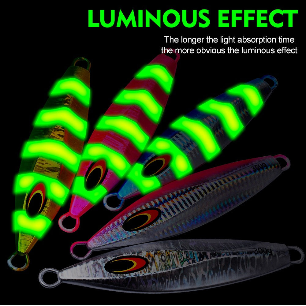 KATYUSHA Saltwater Luminous Striped Vertical Jigging Bait 100/ 150/ 200/ 250/ 300g Fast Sinking Jig for Offshore Fishing(with Assist Hook)